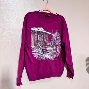 RETRO NORTHERN REFLECTIONS Purple Cabin Scene Sweatshirt